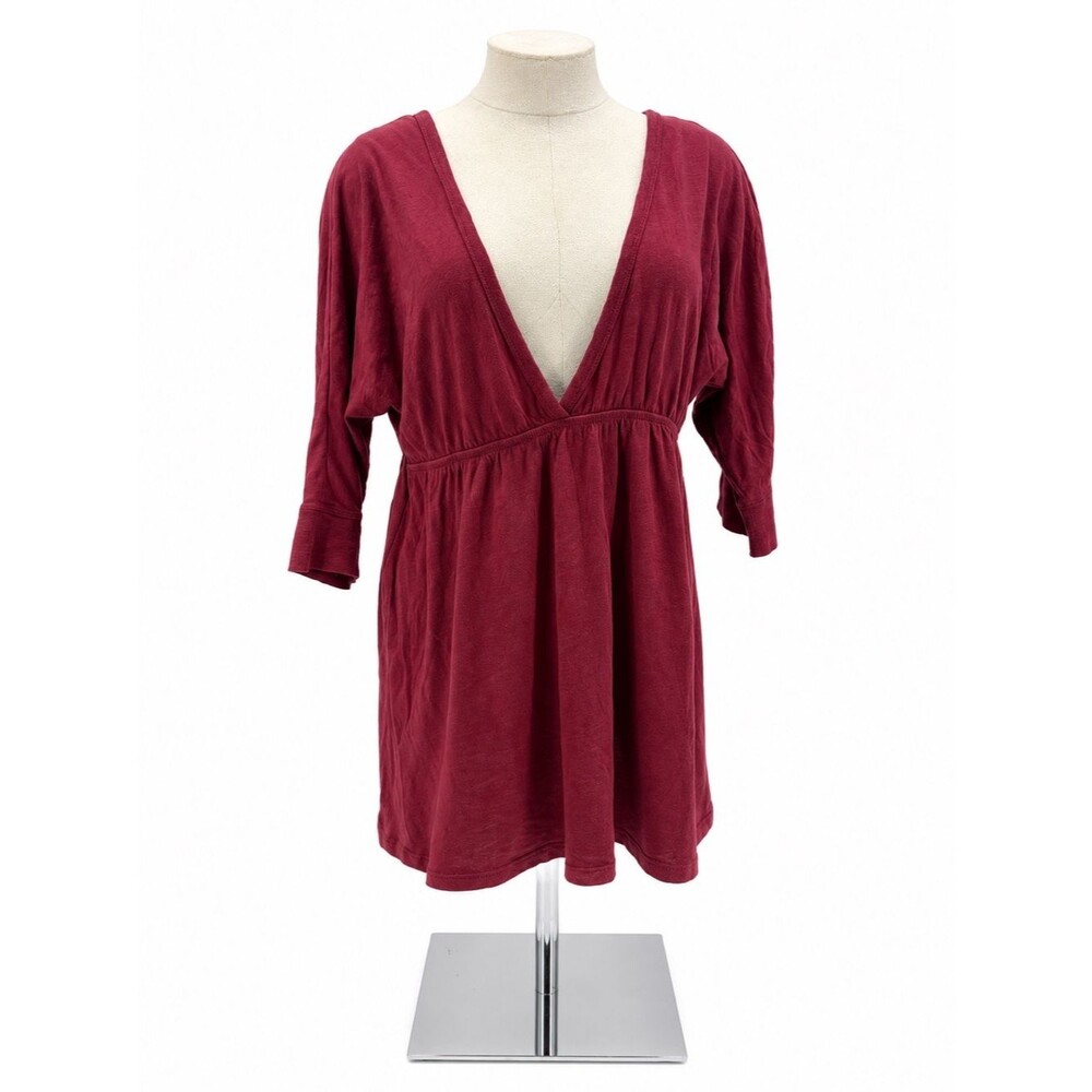 Old Navy Burgundy Cotton V Neckline 3/4 Sleeve Blouse Top Babydoll Y2k Large